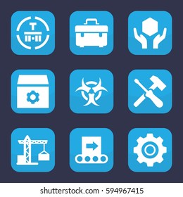industrial icon. Set of 9 filled industrial icons such as construction crane, gear, toolbox, handle with care, cargo terminal, conveyor, hazzard