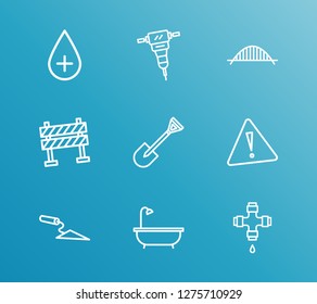 Industrial icon set and bathtub with jackhammer, trowel and barrier. Drop related industrial icon vector for web UI logo design.