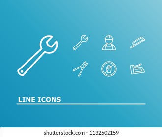 Industrial icon set and builder with stop hand, wrench, pliers. Hacksaw related industrial icon vector for web UI logo design.