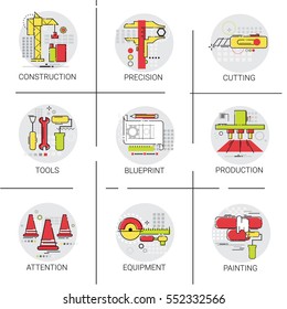 Industrial Icon Set Building Project Construction Renovation Toolbox Vector Illustration