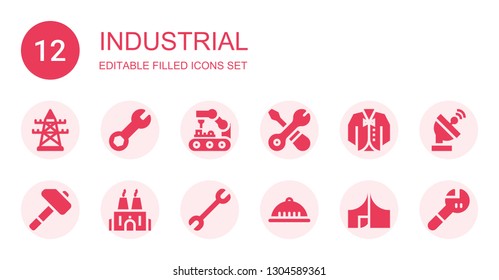 industrial icon set. Collection of 12 filled industrial icons included Electric tower, Wrench, Robot arm, Tools, Vest, Hammer, Factory, Helmet, Tool, Satellite dish