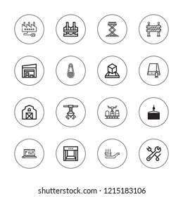 Industrial icon set. collection of 16 outline industrial icons with barn, barrier, bridge, box, crane, conveyor, gear, factory, lift, harbor crane, hat, pipe, setting icons.