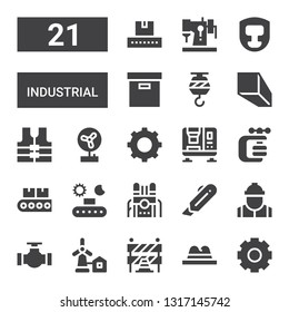 industrial icon set. Collection of 21 filled industrial icons included Settings, Hat, Traffic barriers, Eolical, Pipe, Worker, Cutter, Machine, Conveyor, Vise, Press machine, Fan