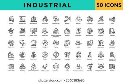 Industrial icon set with factory, assembly line, manufacturing, machinery, conveyor belt, welding, robotics, automation, engineering, gears icon. Simple line vector 
