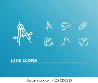 Industrial icon set and floor plan with cutter, painting decoration and essential toolkit. Penknife related industrial icon vector for web UI logo design.