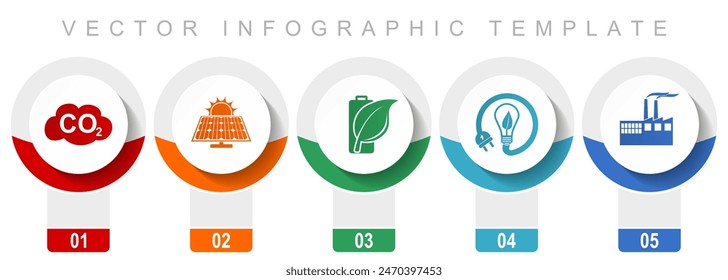 Industrial icon set, miscellaneous vector icons such as carbon dioxide, solar power,  renewable energy and factory, modern design infographic template, web buttons in 5 color options