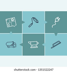 Industrial icon set and plug with tipper, handsaw, floor plan. Hacksaw related industrial icon vector for web UI logo design.