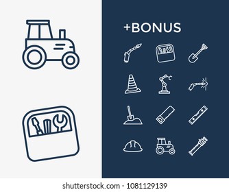 Industrial icon set and toolbox with construction helmet, sliding scale and traffic cone. Robot arm related industrial icon vector for web UI logo design.