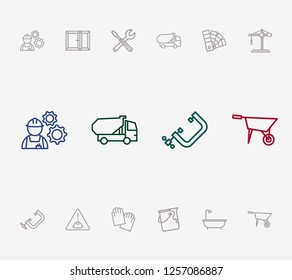 Industrial icon set and tools with color swatch, paint bucket and vise. Craftsman related industrial icon vector for web UI logo design.