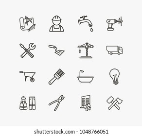 Industrial icon set and tools with new building, spatula and engineering blueprint. Acrylic related industrial icon vector items for web UI logo design.