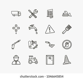 Industrial icon set and tools with traffic cone, engineering blueprint and spatula. Acrylic related industrial icon vector items for web UI logo design.