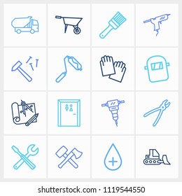 Industrial icon set and tools with welding mask, jackhammer and hammer with nail. Adhesive tool related industrial icon vector for web UI logo design.