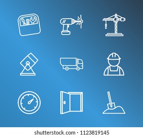 Industrial icon set and tower crane with concrete mixer, drilling work and gauge. Repairman related industrial icon vector for web UI logo design.