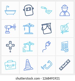 Industrial icon set and tower crane with new building, jigsaw and traffic cone. Lifting machine related industrial icon vector for web UI logo design.