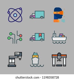 industrial icon set. vector set about ship, ar glasses, industrial robot and cargo truck icons set.