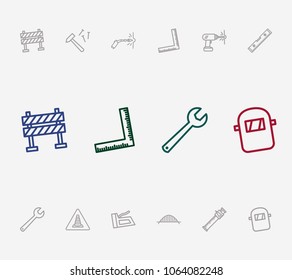Industrial icon set and welding with corner ruler, drilling work and wrench. Welder helmet related industrial icon vector items for web UI logo design.