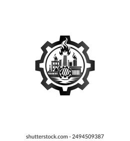 Industrial icon. Vector illustration of a gear wheel with factory logo.