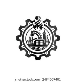 Industrial icon. Vector illustration of a gear wheel with factory logo.