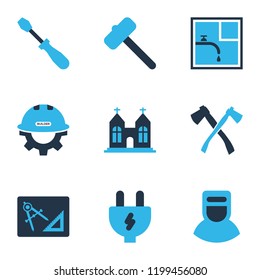 Industrial icons colored set with builder, drawing, chapel and other engineering elements. Isolated vector illustration industrial icons.