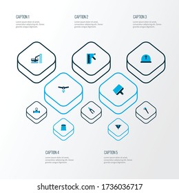 Iconos industriales coloridos con grapadora de construcción, tubería de flujo, saco con tierra y otros elementos de vehículos de la plataforma. Iconos industriales de ilustraciones vectoriales aisladas.