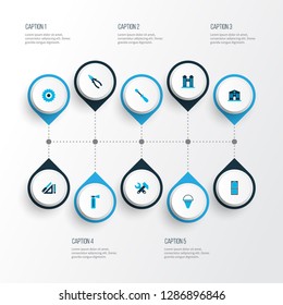 Industrial icons colored set with drawing set, towers, instruments and other math elements. Isolated vector illustration industrial icons.