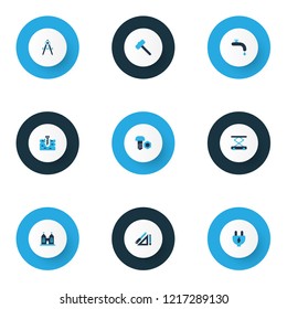 Industrial icons colored set with electric plug, hammer for tiles, boer and other screwing elements. Isolated vector illustration industrial icons.