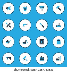 Industrial icons colored set with excavator, high rise buildings, drilling machine and other roller brush elements. Isolated vector illustration industrial icons.