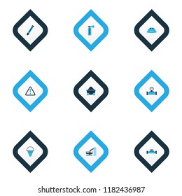 Industrial icons colored set with fire bucket, construction helmet, pipe with sensor and other graphite elements. Isolated vector illustration industrial icons.