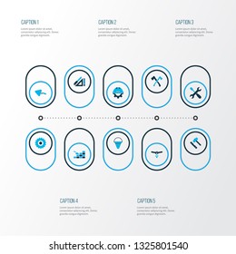 Industrial icons colored set with flowing pipe, axe, trowel and other equipment elements. Isolated vector illustration industrial icons.