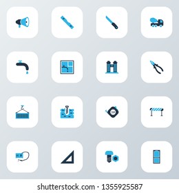 Industrial icons colored set with horn, door, knife and other sharp elements. Isolated vector illustration industrial icons.