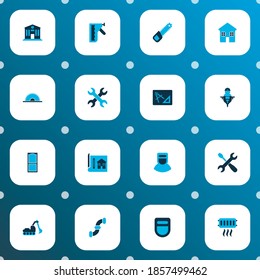 Industrial icons colored set with house drawing, sawing, screwdriver with key and other digger vehicle elements. Isolated vector illustration industrial icons.