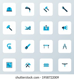 Industrial icons colored set with sawing, bricklaying, barrage and other brickwork elements. Isolated vector illustration industrial icons.
