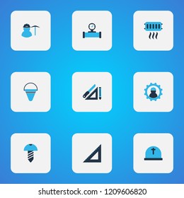 Industrial icons colored set with straightedge, fire bucket, heating and other worker elements. Isolated vector illustration industrial icons.