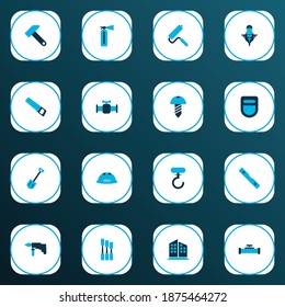 Industrial icons colored set with valve, cushion builder, pipeline with crane and other workman elements. Isolated vector illustration industrial icons.
