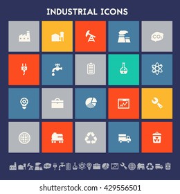 Industrial icons. Multicolored square flat buttons