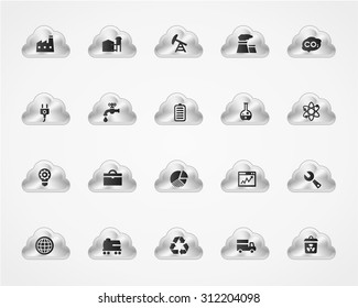 Industrial icons on metallic cloud buttons
