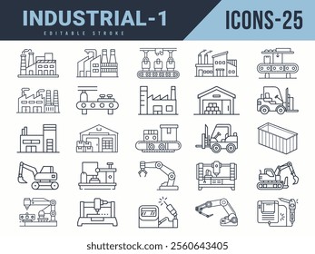 Industrial Icons sat. Vector illustration in modern thin line style of Industrial icons. Editable stroke.