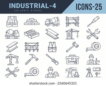 Industrial Icons sat. Vector illustration in modern thin line style of Industrial icons. Editable stroke.