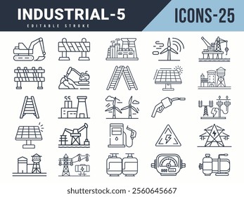 Industrial Icons sat. Vector illustration in modern thin line style of Industrial icons. Editable stroke.