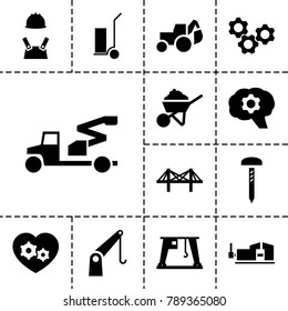 Industrial icons. set of 13 editable filled industrial icons such as construction, excavator, vice clamp, cart cargo, gear, cargo crane, bridge, gear heart, nail, worker