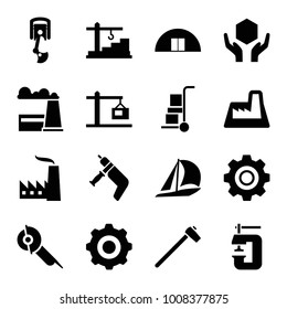 Industrial icons. set of 16 editable filled industrial icons such as electric saw, sailboat, handle with care, factory, construction  crane, gear, gear    sign symb, robot arm