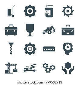 Industrial icons. set of 16 editable filled industrial icons such as construction crane, barn, gear in head, toolbox, screw, cart cargo, fragile cargo, handle with care, gear