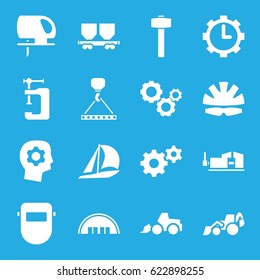 Industrial icons set. set of 16 industrial filled icons such as barn, gear, excavator, hook with cargo, vice clamp, electric saw, welder mask, garden hammer, cargo wagon