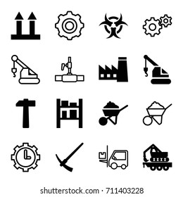 Industrial icons set. set of 16 industrial filled and outline icons such as factory, construction, crane, cargo arrow up, cargo barn, cargo crane, hammer, hazzard, gear