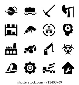 Industrial icons set. set of 16 industrial filled icons such as gear in head, drill, excavator, crane, electric saw, cargo terminal, cargo wagon, cargo crane, home repair