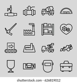 Industrial icons set. set of 16 industrial outline icons such as barn, toolbox, concrete mixer, vice clamp, excavator, crane, welder mask, pump, water pipe, fragile cargo