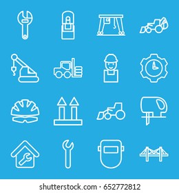 Industrial icons set. set of 16 industrial outline icons such as forklift, worker, wrench, excavator, crane, electric saw, welder mask, cargo arrow up, cargo crane, bridge