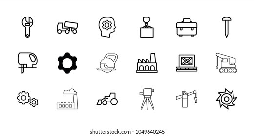 Industrial icons. set of 18 editable outline industrial icons: gear, nail, toolbox, wrench, excavator, concrete mixer, hook with cargo, electric saw, gear in head