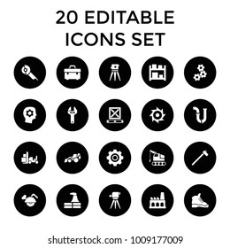 Industrial icons. set of 20 editable filled industrial icons such as factory, toolbox, pipe, excavator, theodolite. best quality industrial elements in trendy style.