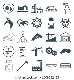 Industrial icons. set of 25 editable filled and outline industrial icons such as welding glasses, garden hammer, factory, construction  crane, gear    sign symb, hazzard, barn